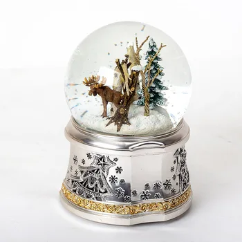 Metal Base Christmas Ornament Tree Gold Deer Rotation Music Snow