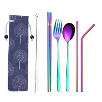 

Best Selling Products Flatware Sets Rainbow Color 304 Stainless Steel Spoon Chopsticks Straw Cleaning Brush Portable Bag Set