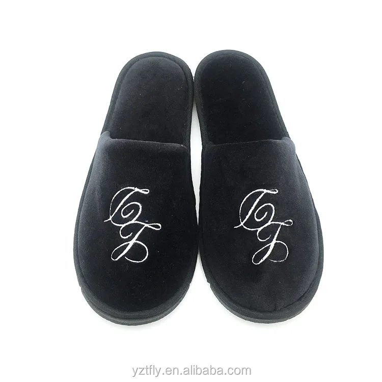 Black Cotton Velour Disposable Customized Hotel Slippers With