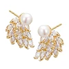 Women Stainless Steel Plating Earrings Crystal Korea Drop Earrings Real Pearl Stud Earrings With Zircon