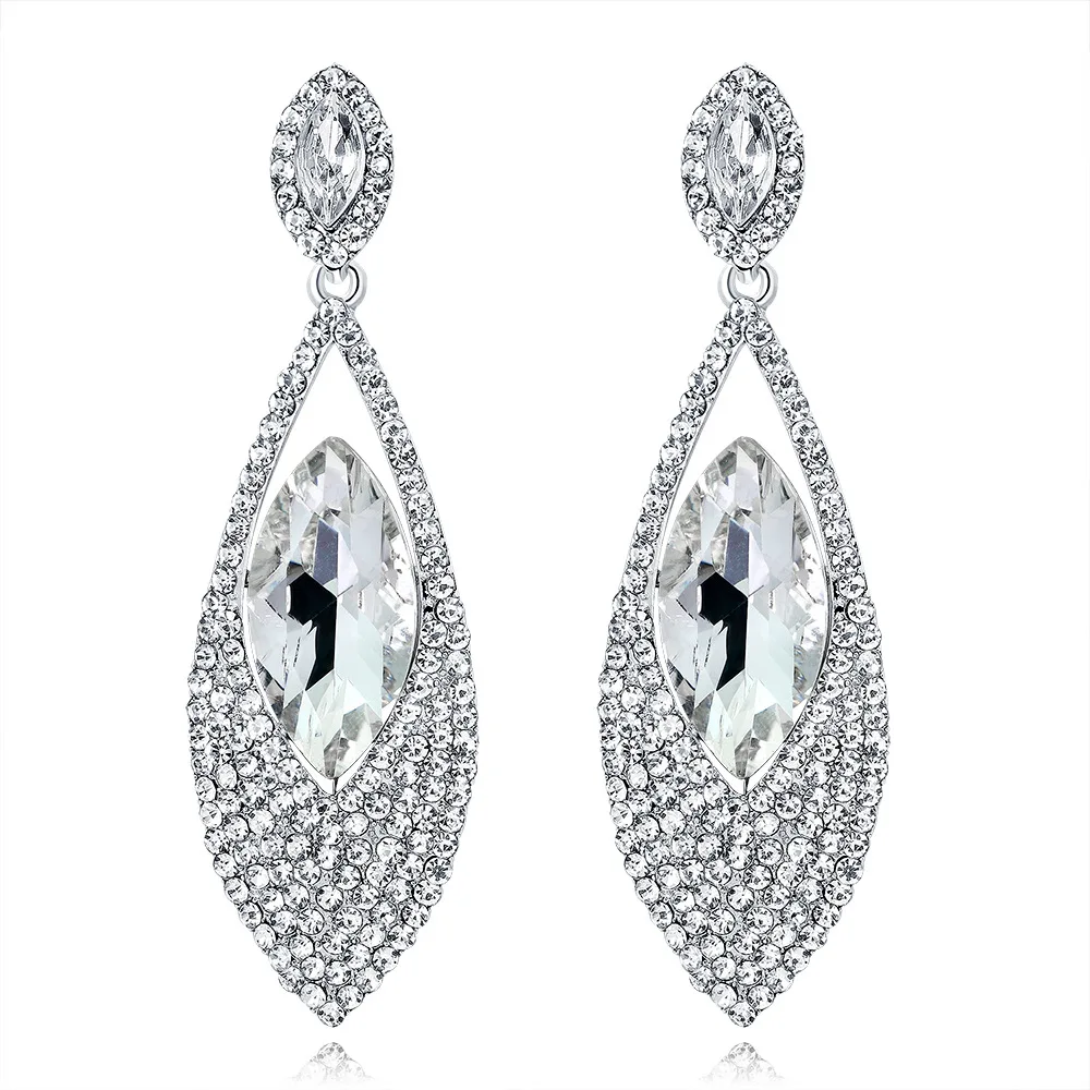 

7.5cm Brilliant Platinum Plated Crystal Rhinestone Statement Wedding Earrings Long Style Big Diamond Drop Earrings for Bridal, Silver