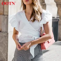 

OOTN Sexy V Neck 2019 Blusa Bow Tie Women's Summer Butterfly Sleeve Tops Female Chic Blouses Shirts White Tunic Cross Blouse