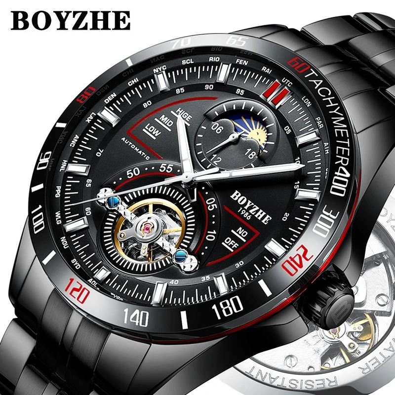 

BOYZHE fashion luxury brand man watch Stainless steel tourbillon skeleton watch Automatic mechanical watch