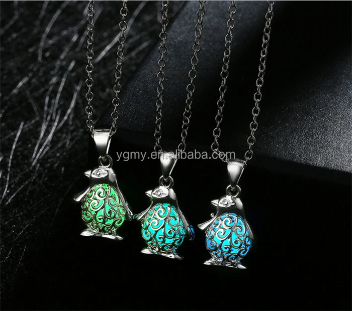 

Penguin Pendant Necklace Silver Plated Animal Luminous Glowing Stone Necklace Women