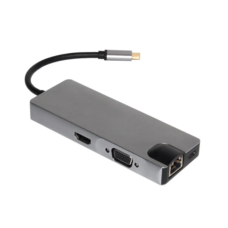 TC108H 8 in 1 Combo USB Type C Adapter Hub with HD4K + VGA Port + USB-C + RJ45 Gigabit Ethernet + Dual USB + SD TF for Macbook