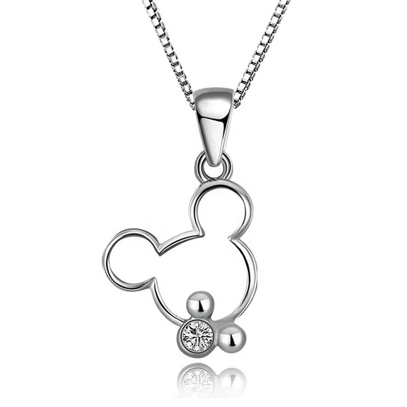Mass Stock 925 Silver Charm Luxury Crystal Mickey Pendant Necklace Jewelry for lady with whitegold plated