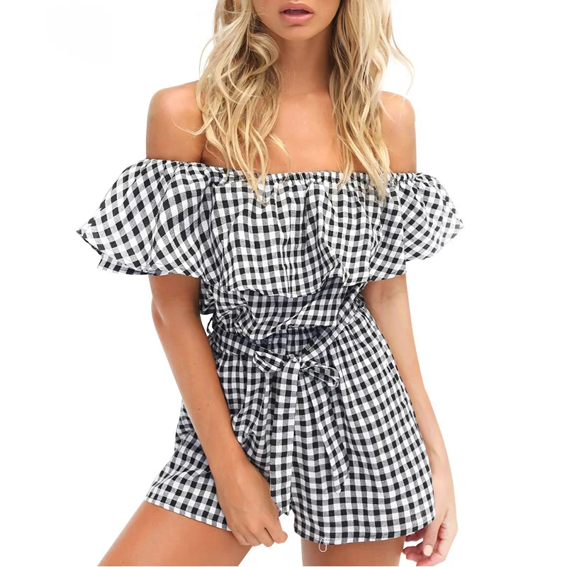 

2018 Amazon New Europe US Sexy Lattice Collar Hele Hot Summer Casual Cotton Playsuit Ladies jumpsuit women Shorts Dresses, Black;white