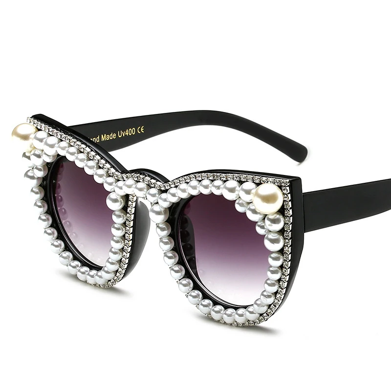 

New Luxury Rhinestone Pearl Cat Eye Sun glass Women Vintage Brand Designer Oversized UV400 Sunglasses (KSG028), 3 colors