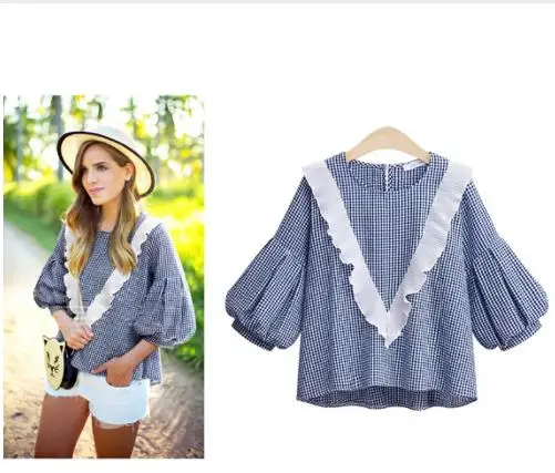 

2018 Summer Women New Fashion Elegant Tops Plus Size 5XL Ladies Paid Patchwork Tees Loose Lantern Sleeve T-Shirts European Style, Blue