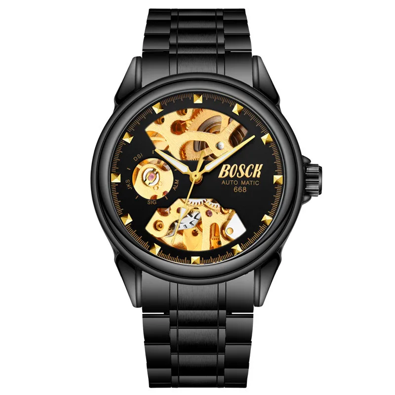 

2019 hot selling BOSCK men's black stainless steel band automatic mechanical watch, 4 colors