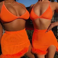 

Sexy Fluorescent Color Beach Party Club Outfits Lace Up Halter Bra Vest & Hairy Patchwork Split Hip Package Skirt Women Set