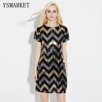 

YSMARKET Stunning Short Sleeve Mini Lady Party Dress Wave Pattern Geometric Straight Vintage Gatsby Black Gold Sequin Dress E21