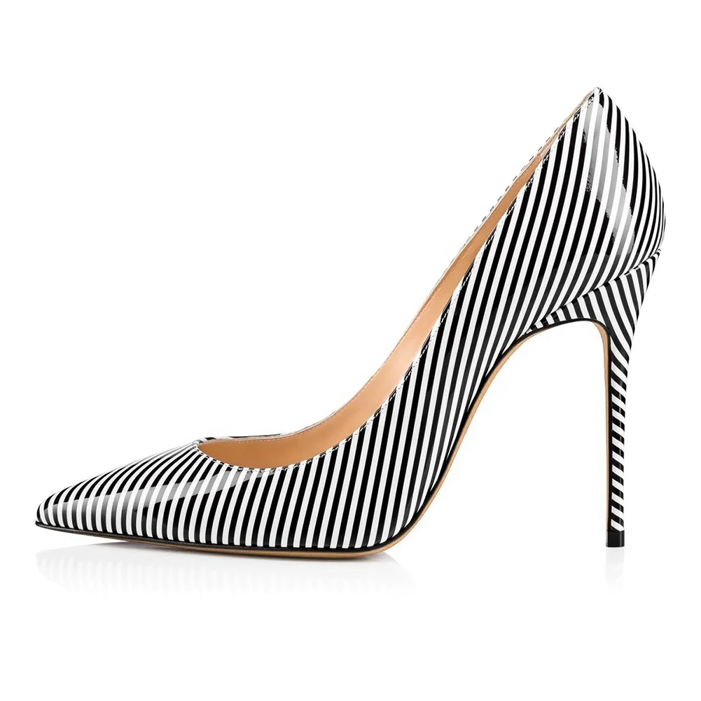 Elegant Black And White Stripes Pointed Toe High Heel Pumps - Buy ...