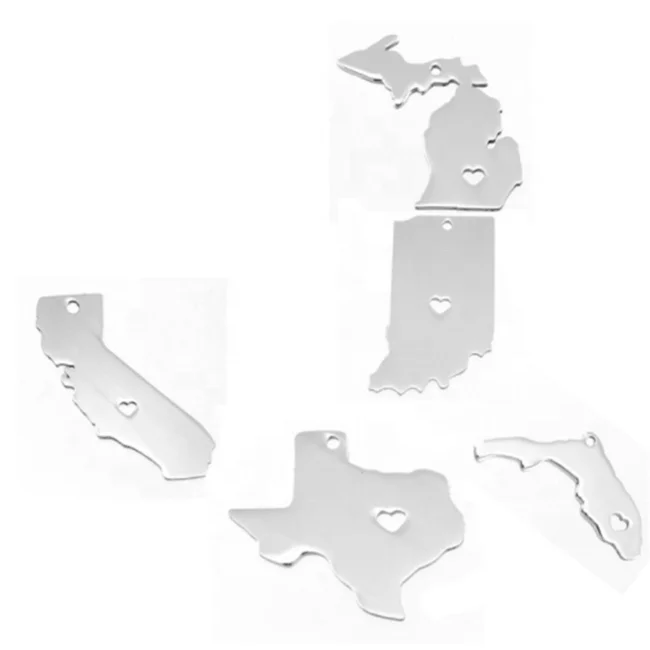 

Yiwu Aceon California Florida Texas Michigan Indiana Map Stainless steel US states pendant