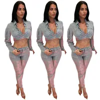 

Best sell Women Turn Down Collar Long Sleeve Crop Jacket Slim Pants 2 Pieces Set Sequin Shining Jumpsuit
