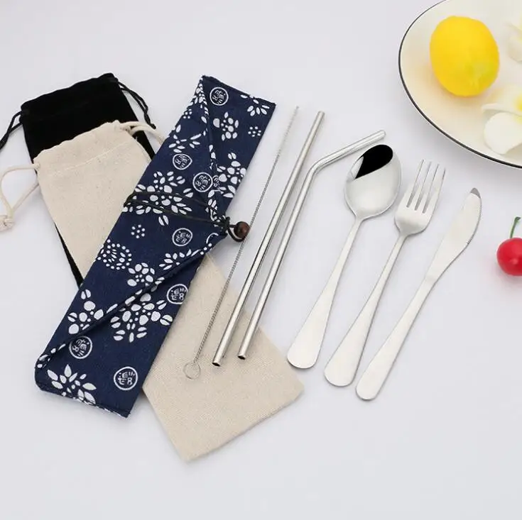 

6 pcs portable travel camping cutlery set stainless steel silver color knife fork spoon straws flatware set