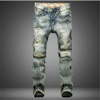 

TX 953 men's clothing hole nostalgic jeans foreign trade explosions worn and washed denim trousers
