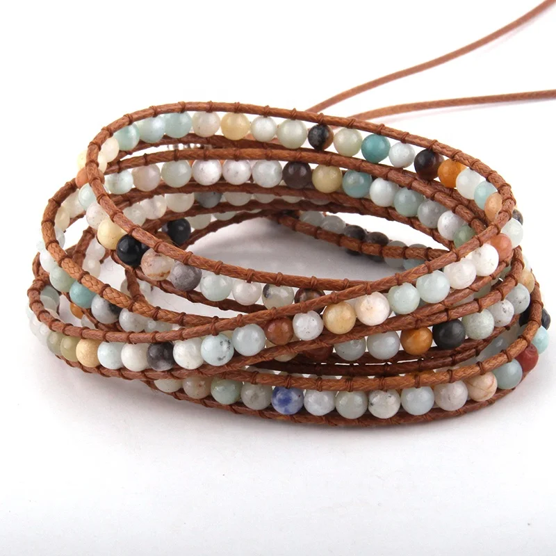 Fashion Women Leather Bracelet Handmade 5 Strands 4mm Natural Stones Wrap Bracelets DropShippers