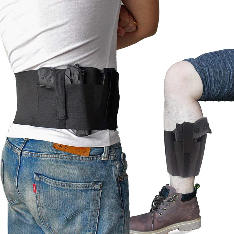 

Concealed Carry with Magazine Pocket or Pouch Elastic Belly Band and Ankle Gun Holster, Black