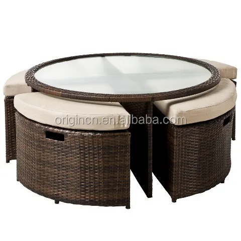 
Round sectional space saving 4 stools/poufs with glass top dinig table rattan outdoor bistro set 