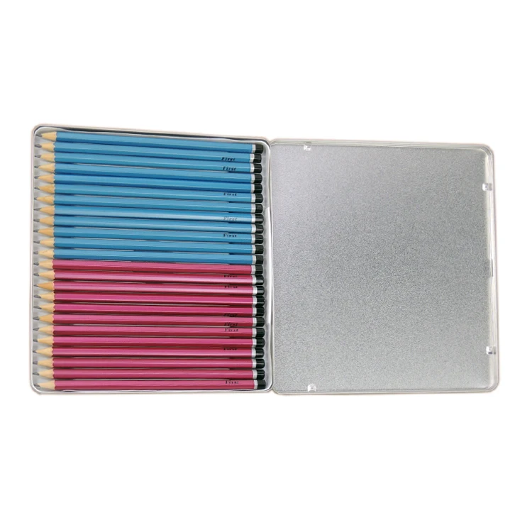 Rectangular 24 Pieces Tin Color Pencil Box/ Hinged Lid Pencil Tin Box