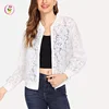 Custom Ladies Sexy Sheer Crochet Lace Zip Front Bomber Jacket Long Sleeves Hollow Out Jacket