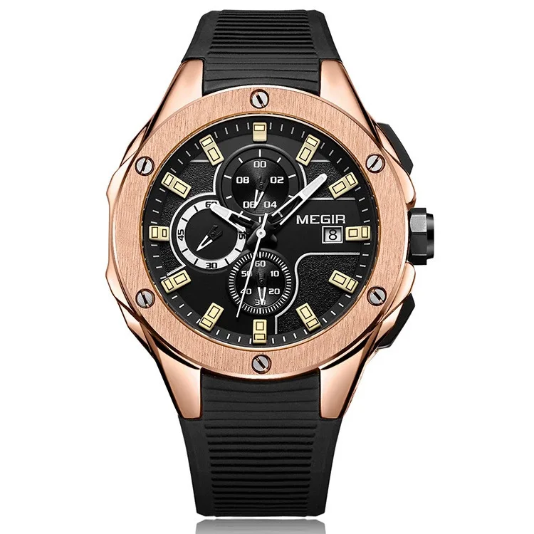 

MEGIR 2053G Men Top Quality Chronograph Functions Watch Original Style Life Waterproof Silicone Casual Clock, As the details