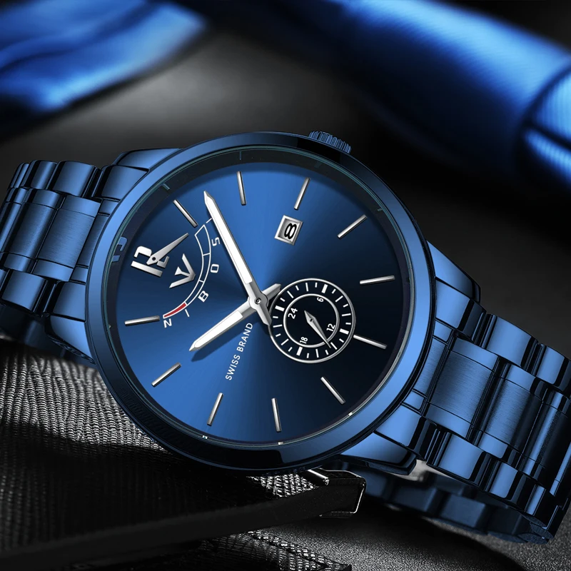 

2018 NIBOSI New Fashion Simple Men Watch Waterproof Blue Stainless Steel Chronograph Watches Men Wristwatch Quartz Watch Wrist, N/a