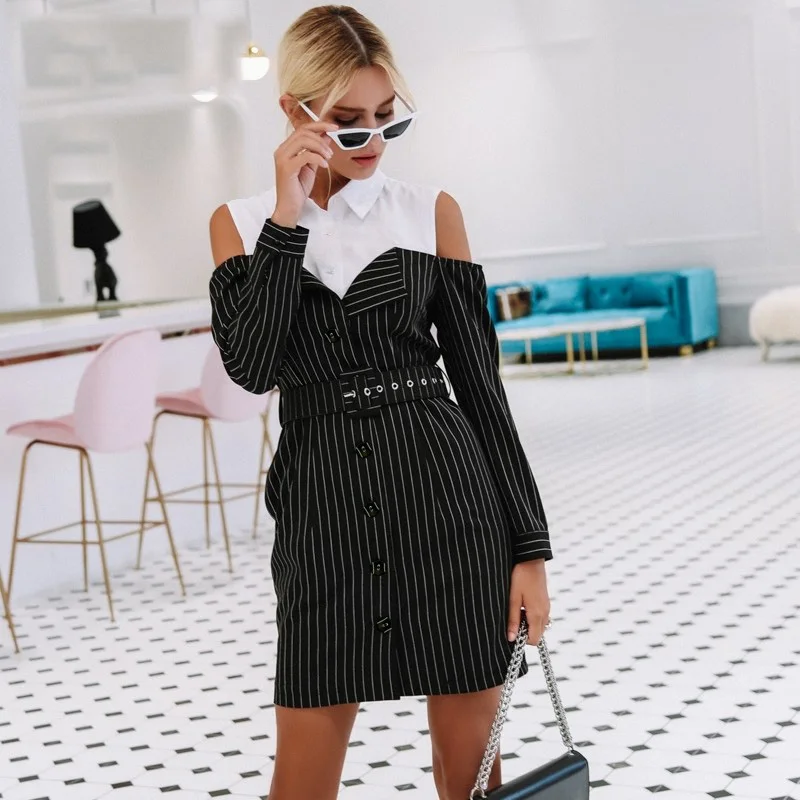 

Elegant fake two piece stripe women dress Office lady sash long sleeve mini dress 2019 Autumn winter blazer blouse dress
