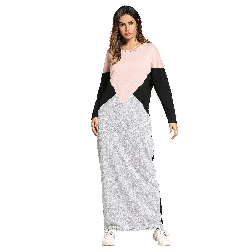 

Muslim round neck hit color stripe stitching dress, Blue