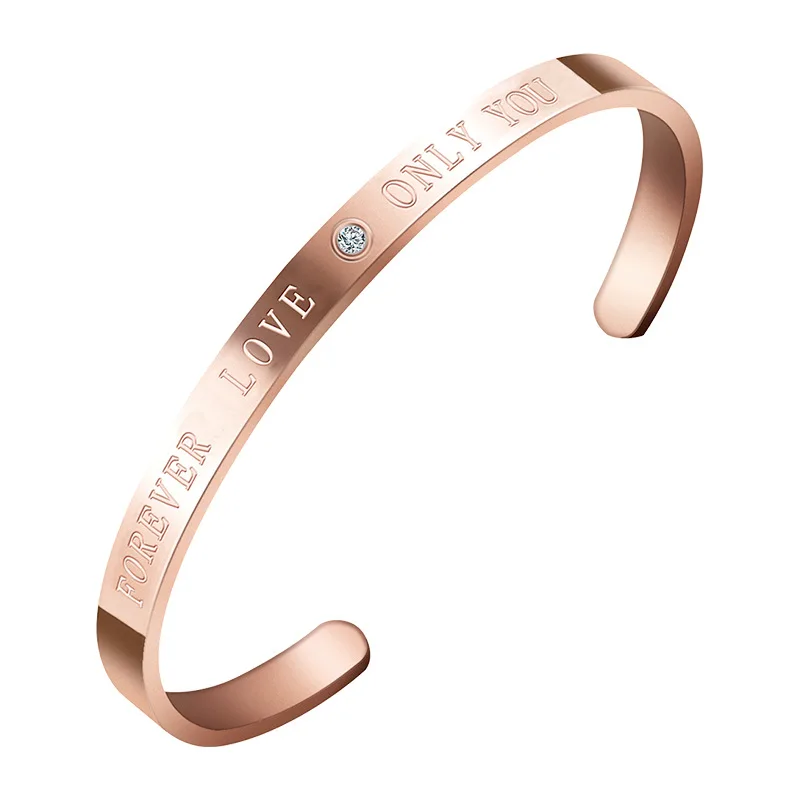 

18K Forever Love Stainless Steel Bangle Inspirational Engraved Message Diamond Cuff Bracelets, Rose gold