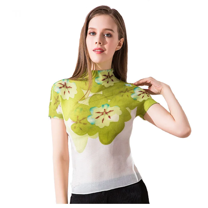 

girl fashion short sleeve high neck korean floral print blouse