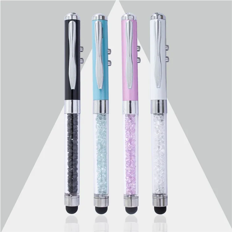 

multi-function crystal ball pen touch metal pen with led light and laser pointer, Customized