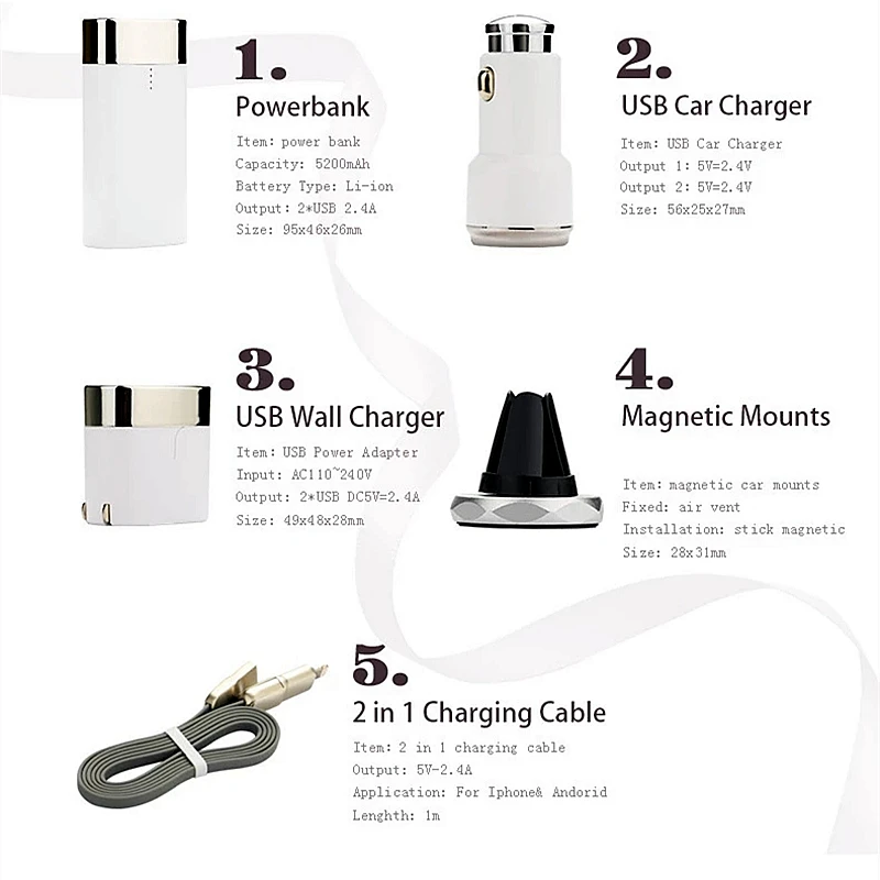 2019 new Promotional Business Gift Car Charger Set Mobile power bank Custom logo 2 in 1 USB Charger cable for iphone and Android