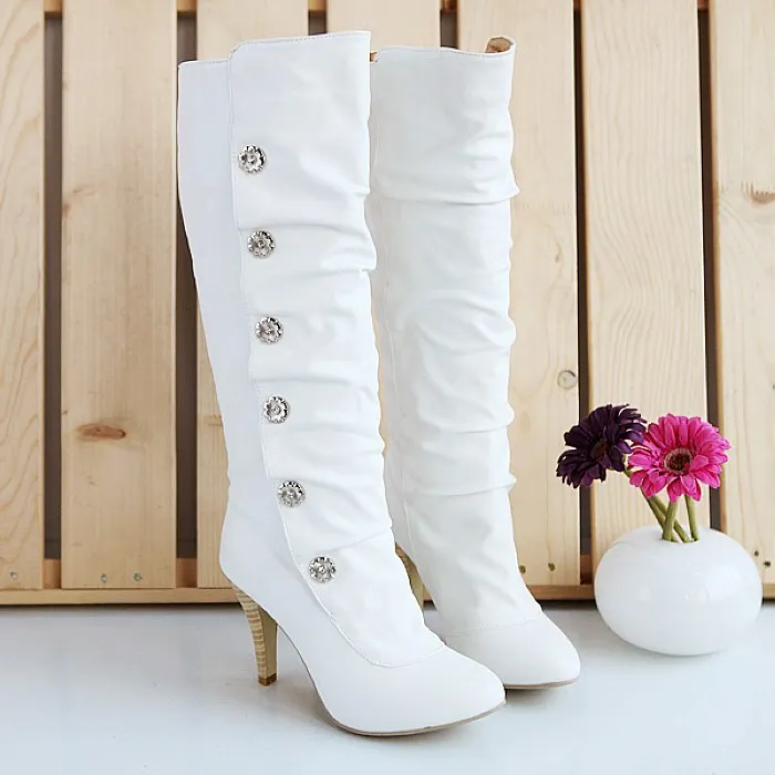 

Knee high heels women pu leather winter fashion ladies boots, White black pink