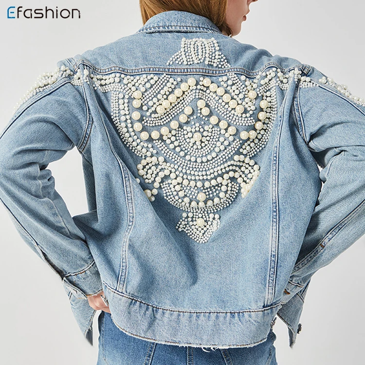 

Wholesale new fashion style long sleeve jeans denim jacket women pearl coat, Picture