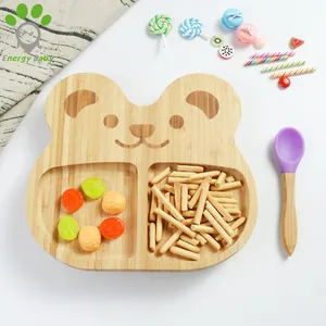 Image of Children Kids Toddler Silicone Suction Baby Bamboo Dish Set