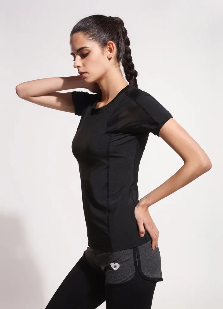 Women Black Short Sleeve Elastic Yoga Mesh Sports T Shirt Fitness Womens Gym Running Black Tops 3110