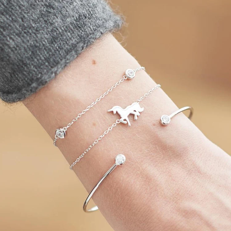 

Trendy 3pcs/set simple alloy crystal multi-layer unicorn bracelet set for women jewelry cuff bangle (KB8006), As picture
