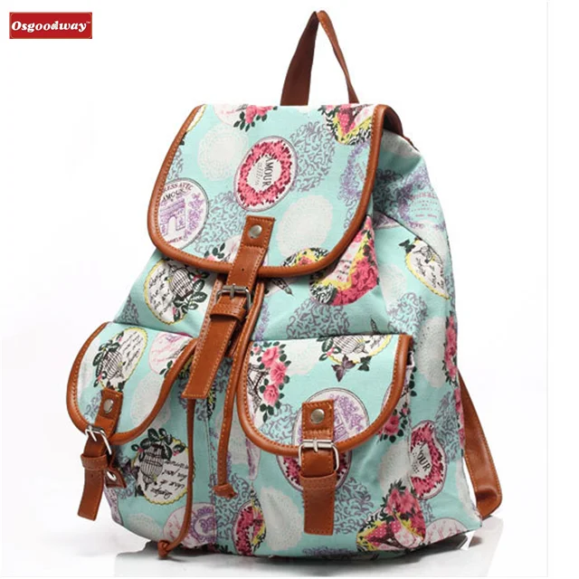 Osgoodway New Products Vintage Lightweight Cute Pattern Canvas Hiking Backpack Waterproof for School Girls