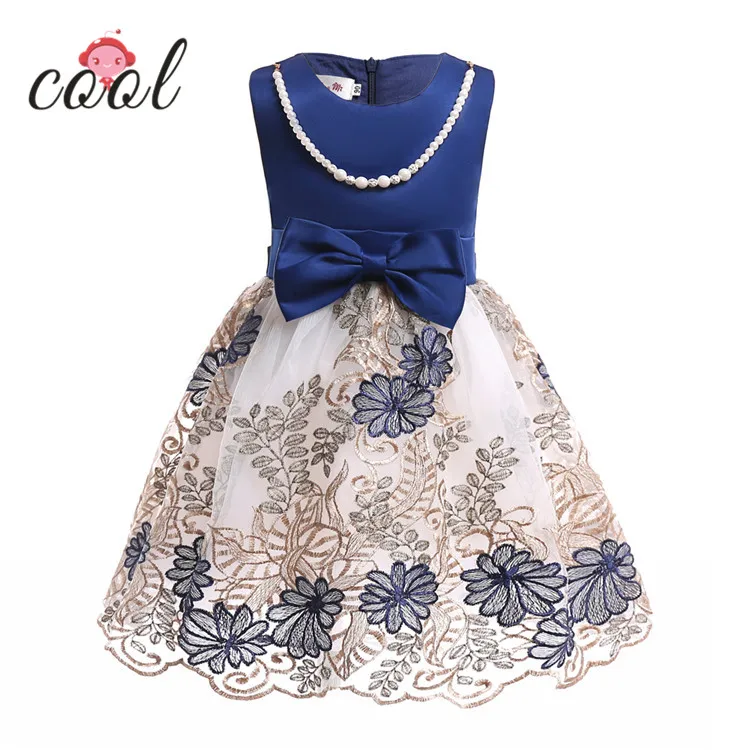 

sleeveless girl party dress for 7 years embroidery dark blue children girl A-line dress