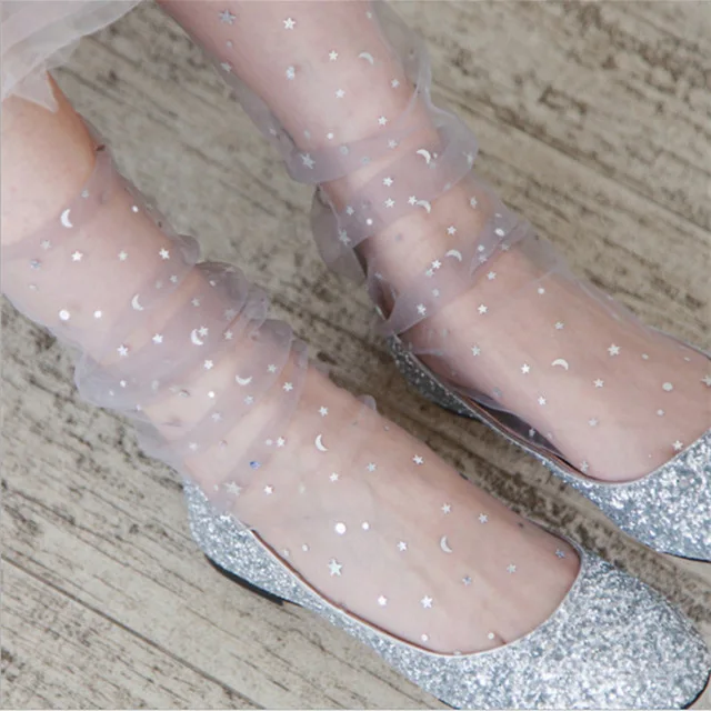 

2021 summer Women Harajuku Candy Colors Glitter Stars Moon Socks Lady Transparent Mesh Shiny Stars Moon Fishnet Socks