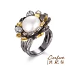 Thailand Flower Gold Plated 925 Sterling Silver Button Pearl Ring For Women