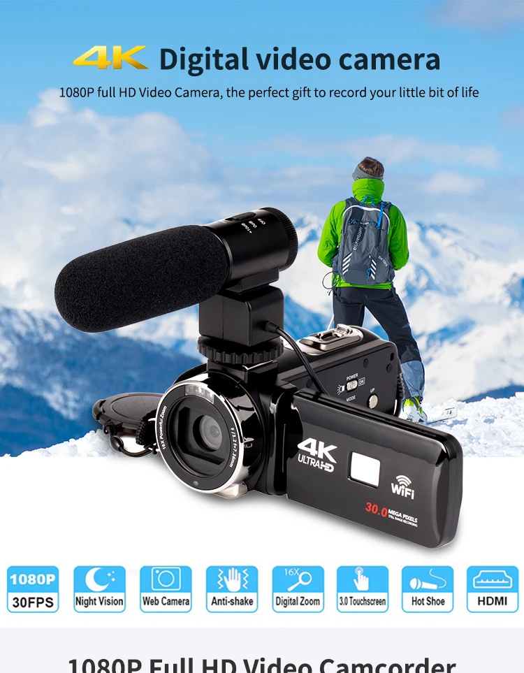 High Definition 4K Wifi Wireless Video Camcorder With External Microphone