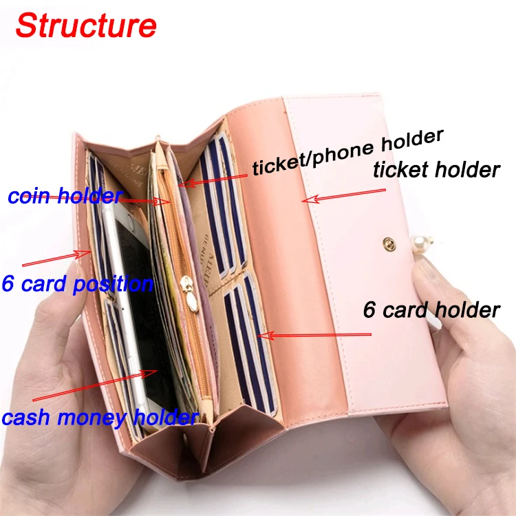Big Capacity Luxury Purse Ladies Pearl Clutch Bag Women Leather Slim Wallet Double Side Money Clip in Stock