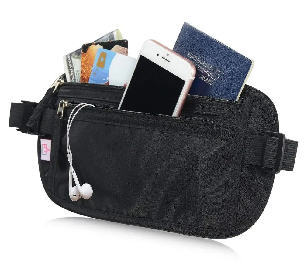 

Water Resistant Hidden Blocking Passport Phone Holder Anti-Theft Travel Money Belt Wallet Bag, Black/beige