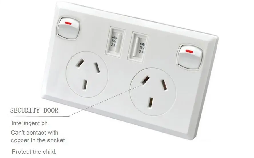 Saa Certificated White Pc Electric Switch And Socket 2 Gang Double Usb