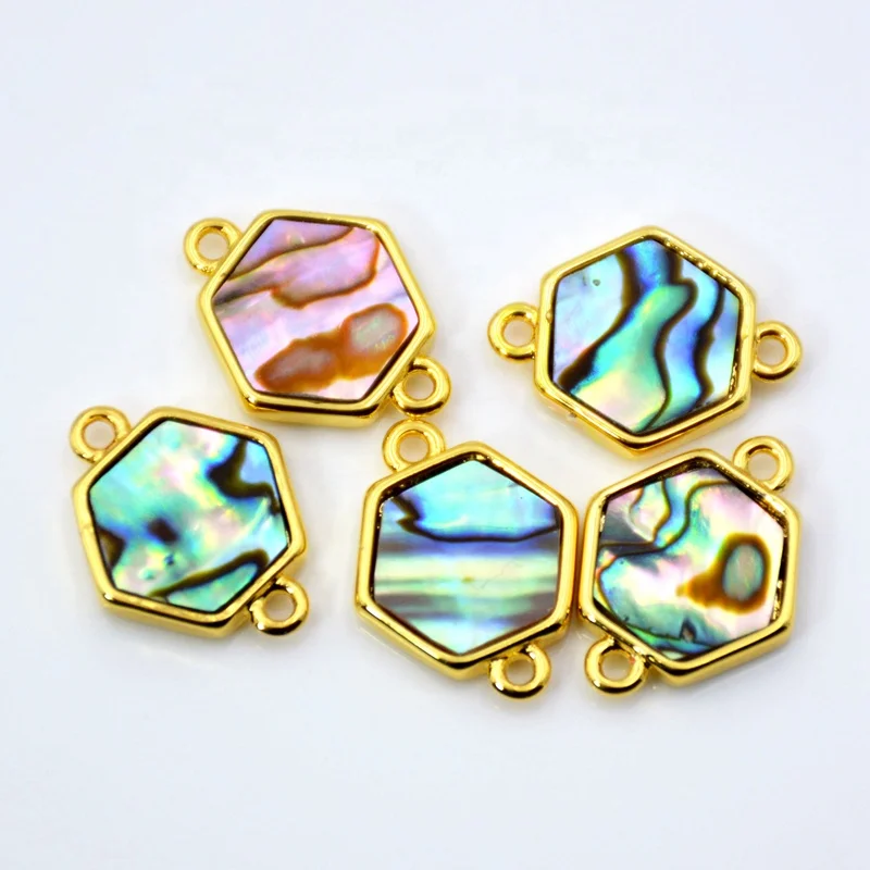 

Natural Abalone Shell Connector Hexagon Double Bail Charm Pendant for bracelet making Mystic Gold Plated Bezel jewelry, Rainbow abalone shell