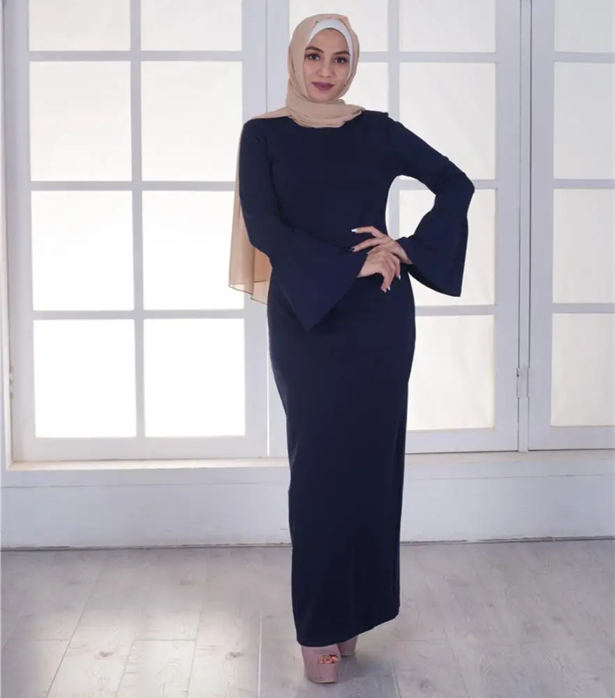 

New style Arabic Islamic muslim woman's plain colour unibody cotton blended abaya dress with bell sleeves, Customized color