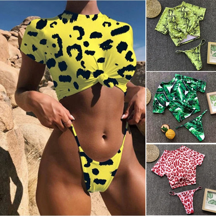 

New Design Sexy High Cut Print Short Sleeve Swimsuits For Women 2019 Bikini Swimwear